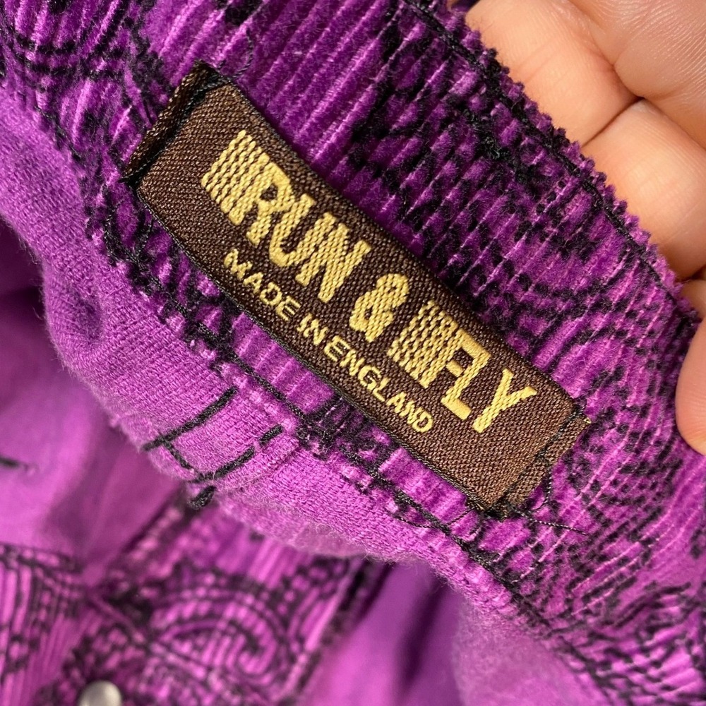 Run & Fly Purple Paisley Corduroy Flare Bell Bottom Pants Size 34L Made in UK - Picture 9 of 11